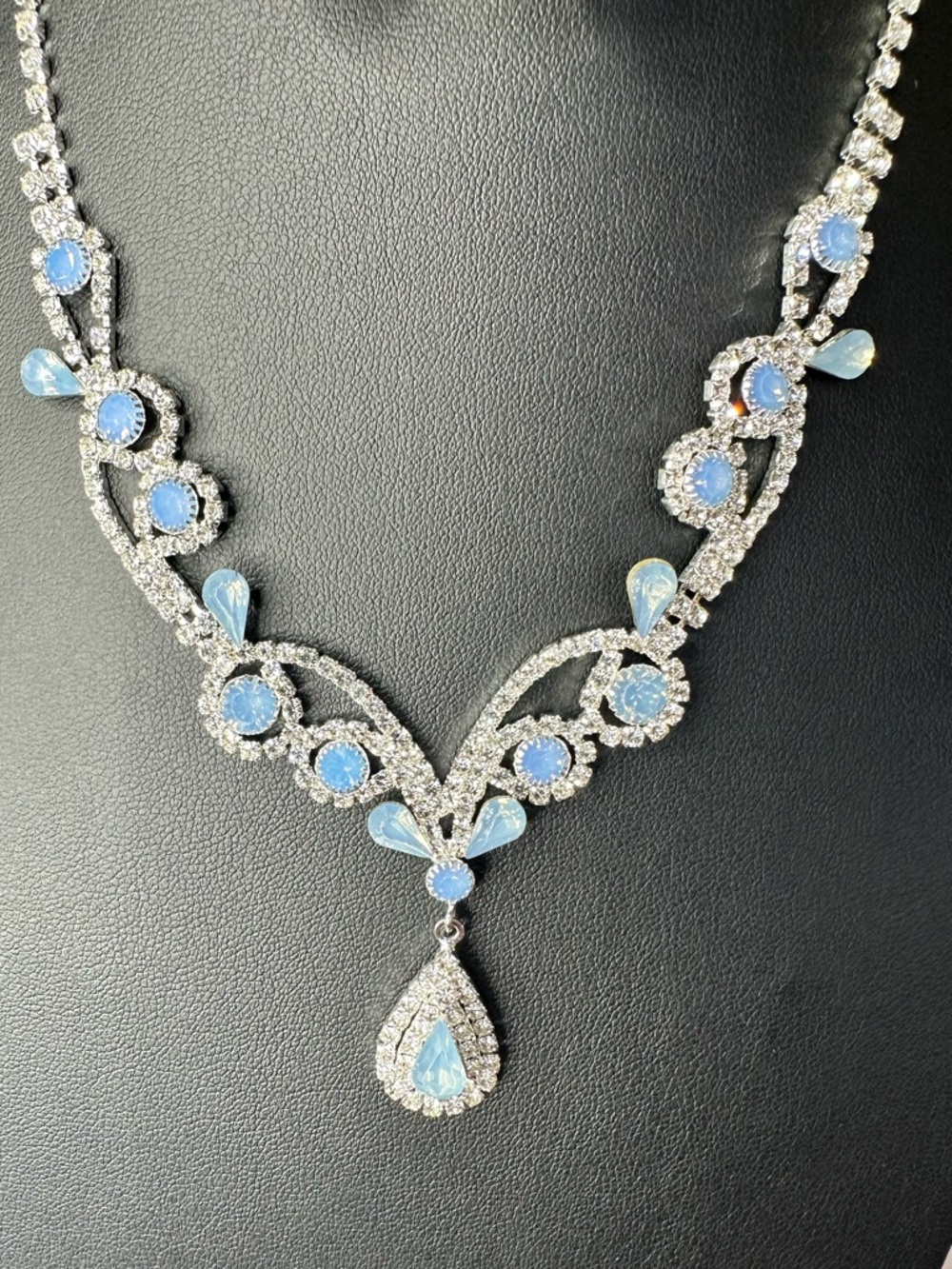 Ice Blue Crystal Necklace & Earrings Set Silver Tone | Bridal Prom Formal - Picture 5 of 15